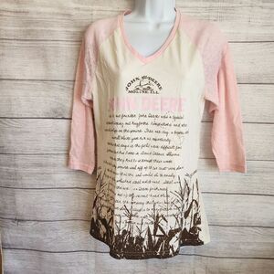 John Deere M Graphic Tee Pink Cream Raglan Farm Country Western Top